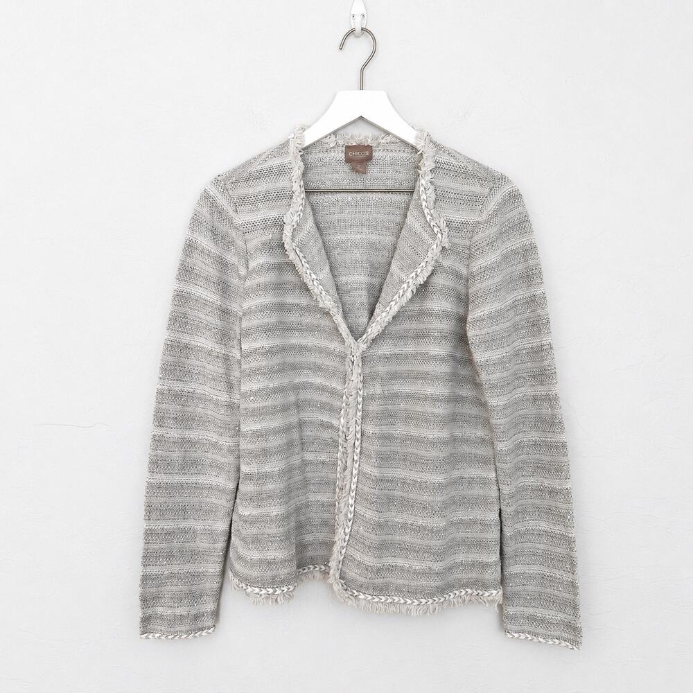 Chico’s Gray Sequin Fringe Open Front Knit Cardigan Size 2 L/12 Sweater EUC